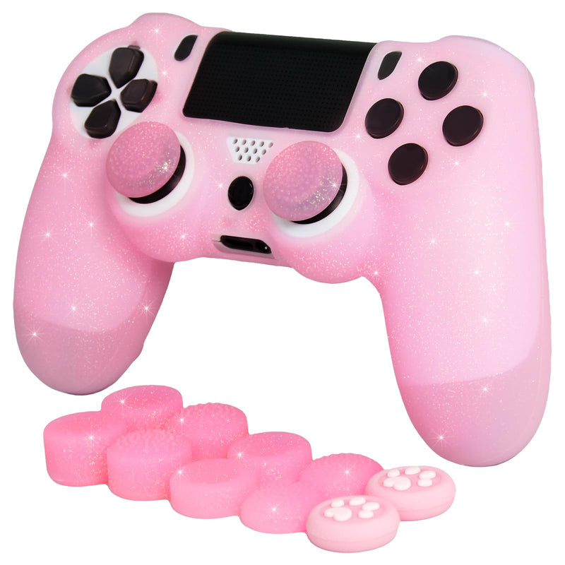 Pink Glitter Anti-Slip Protective Silicone Cover Skin Grips Compatible with PS4/Slim/Pro Controller,8 PCS Glitter Thumb Grips Caps and 2 Grips Caps. (Glitter Pink) Glitter Pink