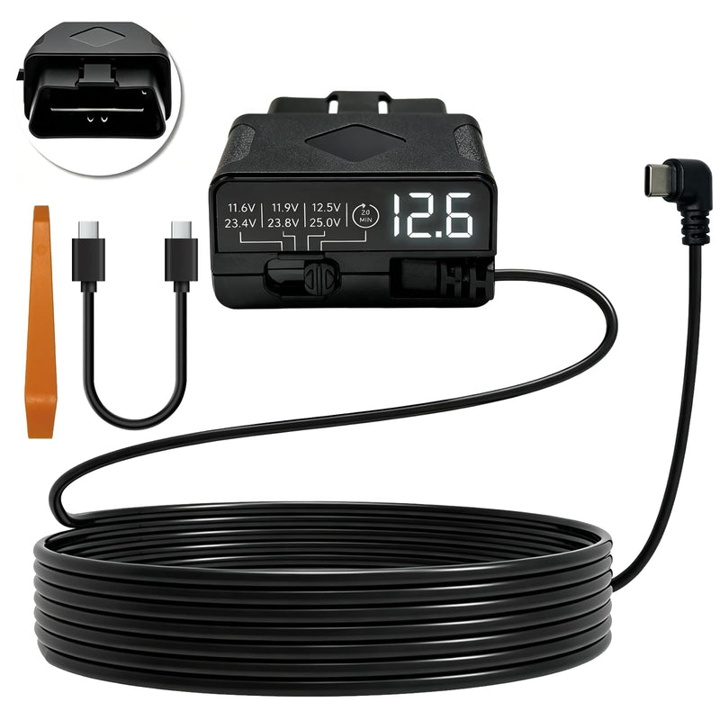 Dash Cam Hardwire Kit, OBD to USB-C Port, 12V-24V to 5V 3A | Plug and Play Adapter with LED Display,Low Volt Protection,Acc Driver Detection Cable for Parking & Continuous Recording