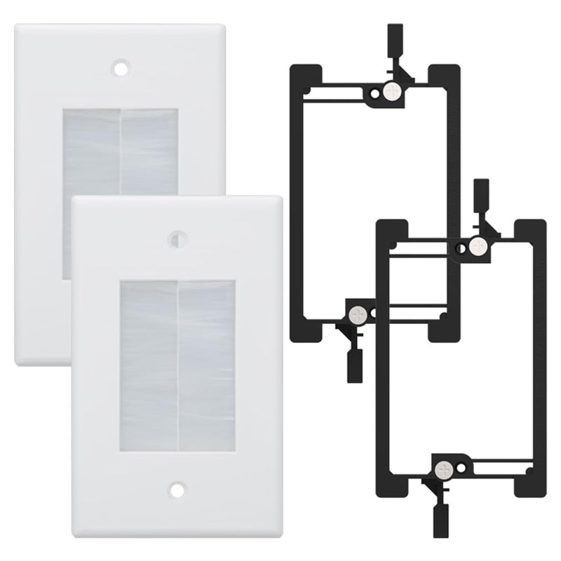 Brush Wall Plate Cab Pass Through, Single Gang Cable Wall Plate with Low Voltage Mounting Bracket for HDMI, Coaxial, Ethernet, Speaker Cables and Wires, White, 2 Pack White-2 Pack