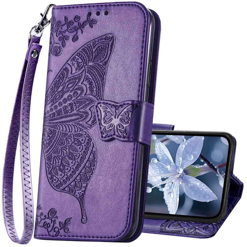 for iPhone 17e Wallet Case for Women,Butterfly Flip Cover,Purple | Embossed PU Leather, Stand, Card Holder Slots, Wrist Strap,Protective Phone Purse 6.1" Purple