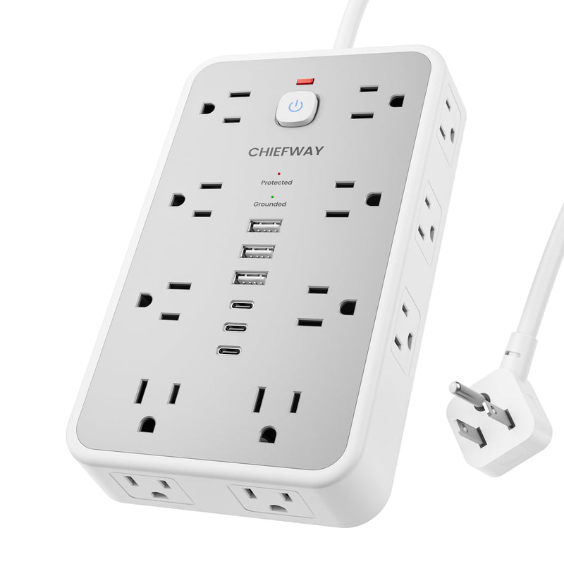 6 FT Surge Protector Power Strip with 6 USB, 16 Outlets, 2400J | 3 USB-A & 3 USB-C Ports, 1.7" Wide-Spaced Outlets, 1875W/15A, Flat Plug, 4-Sided Design for Home, Office, Dorm & Gaming White / Gray 6 FT