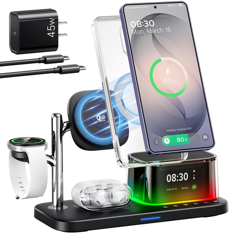 Meifigno 25W 5 in 1 Charging Station for Galaxy S26 Ultra with Bluetooth Speaker/Alarm Clock/Night Light, Qi2.2 Fast Magnetic Wireless Charger with 45W Adapter for S26/Z Fold7, for Galaxy Watch 8/Buds 25W for Samsung
