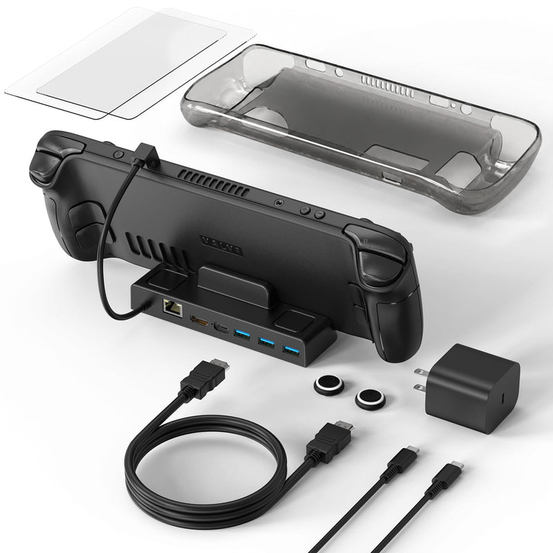 Steam Deck Dock, All-in-One Accessories Bundle for Steam Deck | 4K@60Hz Docking Station, 65W Fast Charger, USB C & HDMI Cable, Protective Case, Screen Protectors & Thumb Grips Black Translucent