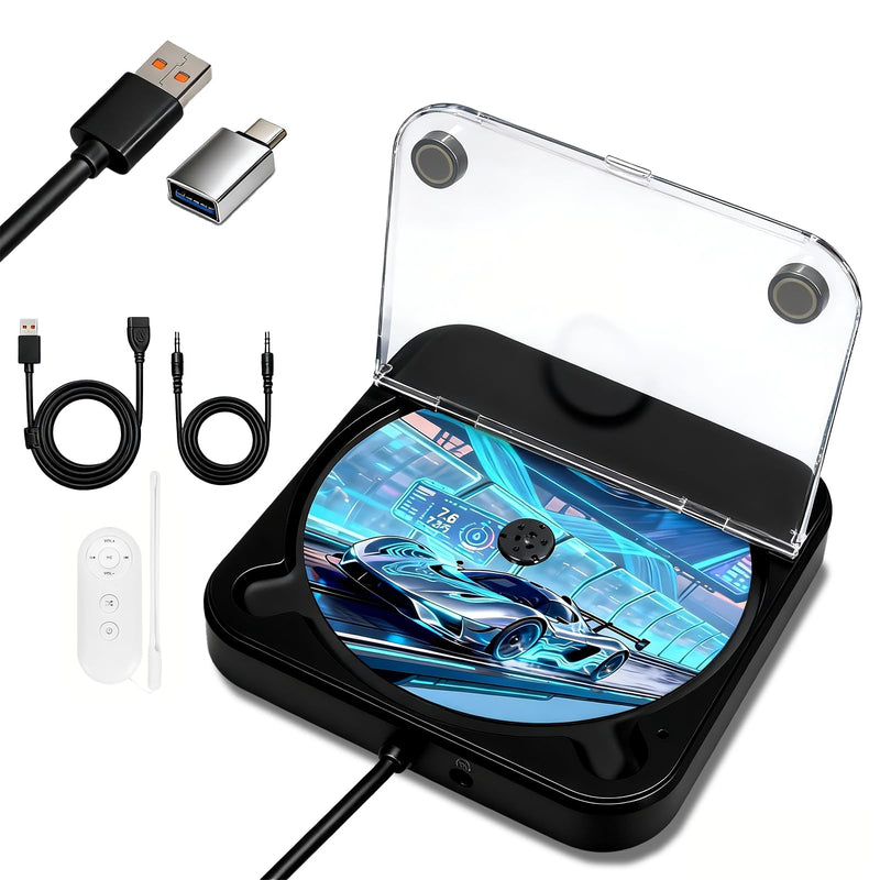 Portable CD Player for Car, External Car CD Player (Black) | USB Plug and Play, AUX Port, USB Extension Cable, Personal CD Players for Laptop/Computer/TV Black