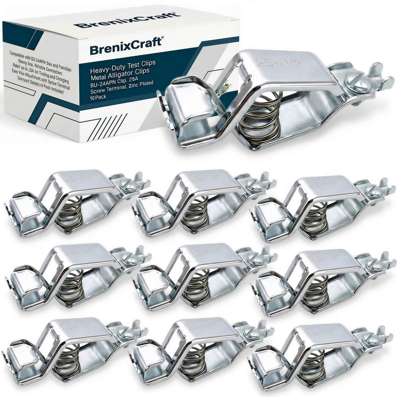 25A Heavy Duty Alligator Clips (10 Pack), BU-24APN Metal Test Clamps with Strong Spring Grip and Screw Terminal, for Automotive and Electrical Testing 10