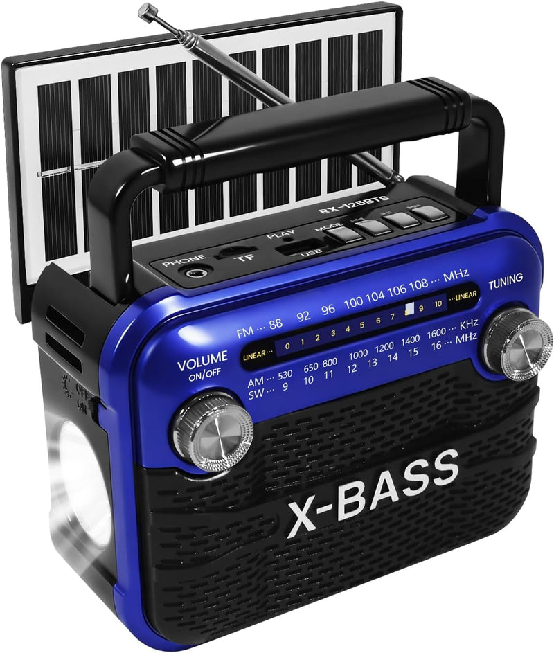 Xbass Stereo Sound Radios Portable AM FM SW Solar Bluetooth Radio with Emergency Flashlight Support USB/TF Player,D Battery Operated/USB Charge,Digital Tuner & Earphone Jack for Outdoor/Indoor/Home