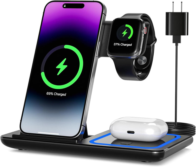3 in 1 Wireless Charger Charging Station, Wireless Charger Stand for iPhone17 16e 16 15 14 Pro Max 13 12 11,Charging Dock for AirPods 4 3 2 Pro, Apple Watch 11/10/9/Ultra/8/SE/7/6/5/4/3 Black