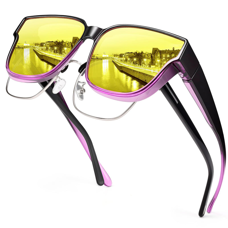 Oversized Polarized Night Driving Glasses Fit Over Glasses Unisex | Oversized Polarized Night Vision Lenses, Anti Glare Yellow Fit Over Prescription Glasses, Ideal for Night Driving B05 Gradient Purple Frame/Night Vision Lens