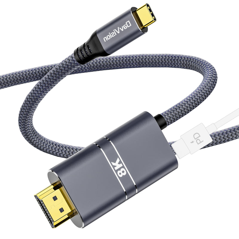 USB C to HDMI Cable with 240W PD Fast Charging, 8K@60HZ,4K@120Hz,Thunderbolt 5/4/3 Compatible,Upgraded Braided 2-in-1 Type C to HDMI for MacBook, iPhone17/16/15,iPad,HDTV(3.3FT,Grey) 3.3FT