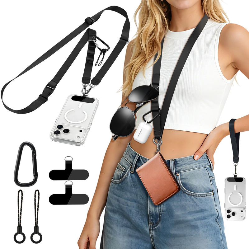 CACOE 3-in-1 Phone Lanyard Adjustable Crossbody Neck Strap for Smartphones | Detachable Wrist Lanyard, 2 Patches, Cellphone Shoulder Sling, Travel Essential, for Men Women, Universal Phone Holder, Black