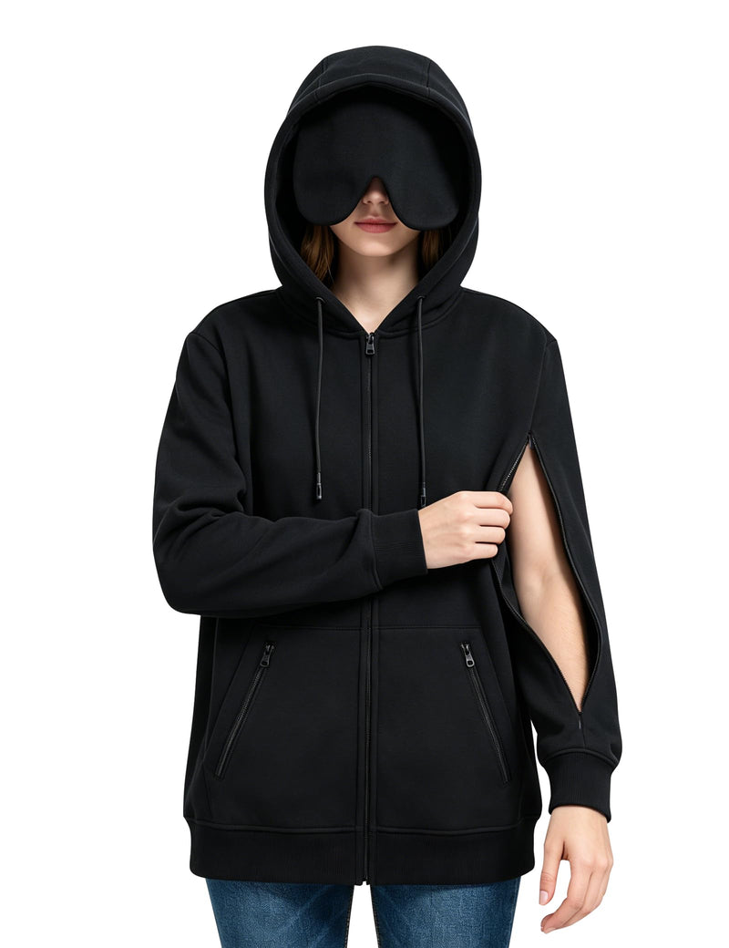 Dialysis Hoodie with Built-In Eye Mask Two Way Arm Zippers for Port Access Dialysis Sweatshirts Black Large