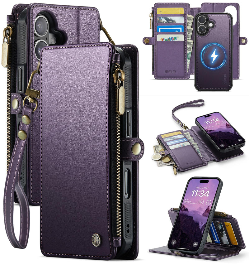 for iPhone 16 Plus - Phone Case Wallet Magnetic Detachable, Purple | Compatible with Magsafe, RFID Blocking Card Holder, Zipper Pocket, Wristlet, Durable PU Leather, Magnet Flip, for Women Men Deep Purple