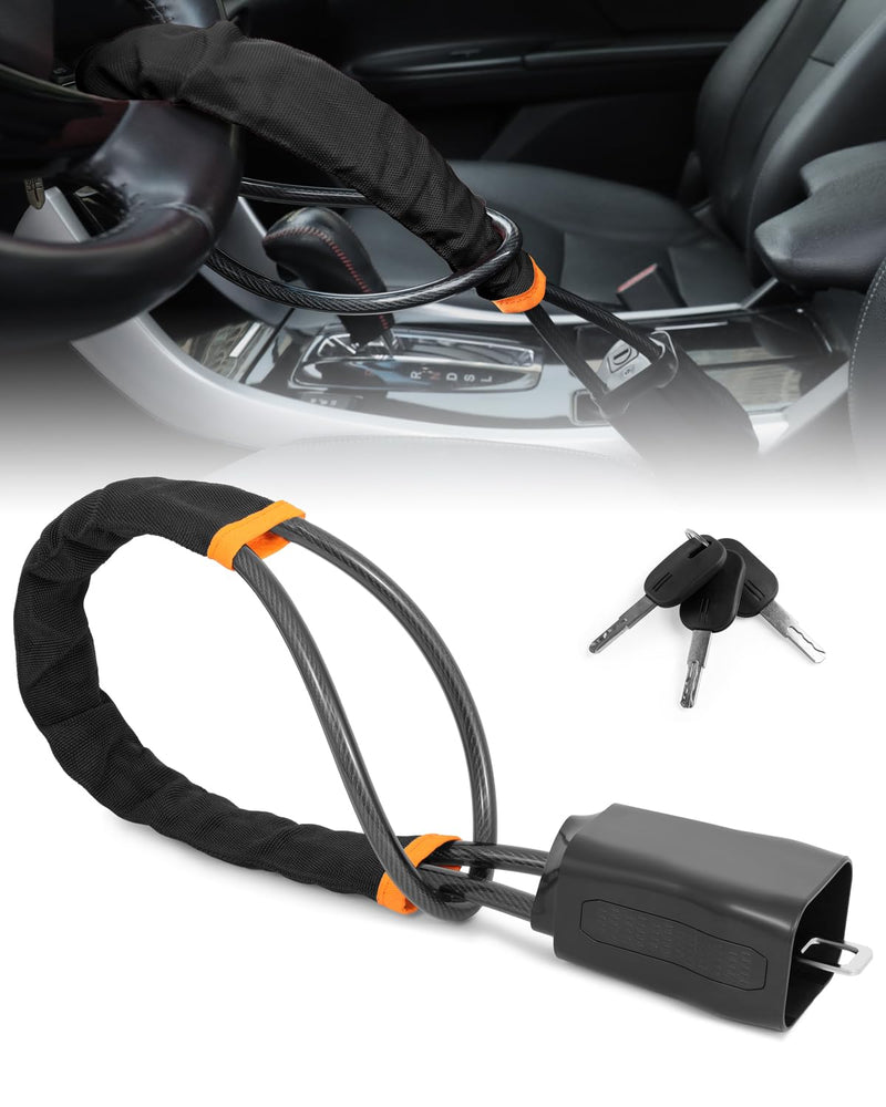Steering Wheel Lock Anti-Theft Device, Adjustable Car Security Lock with Seat Belt Design, 10 mm Braided Steel Cable, Universal Fit for Cars, SUVs, Trucks, Vans Black