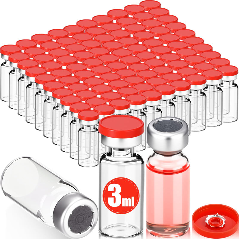 100 Pcs 3ml Sealed Sterile Empty Vials with Self Healing Injection Port Clear Glass Empty Vials with Plastic-aluminum Flip Cap and Rubber Injection Stoppers Flat Bottom Lab Vial (Red Lid) 100 clear and red lid
