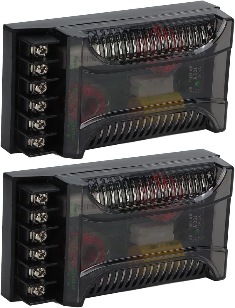 2Pcs 2 Way Crossover, 300W 12V Audio Speaker Crossover, Universal Car Speaker Frequency Divider, Metal Speaker Tweeter Crossovers with ABS Housing, Black, 4.72 x 2.7 x 1.4in