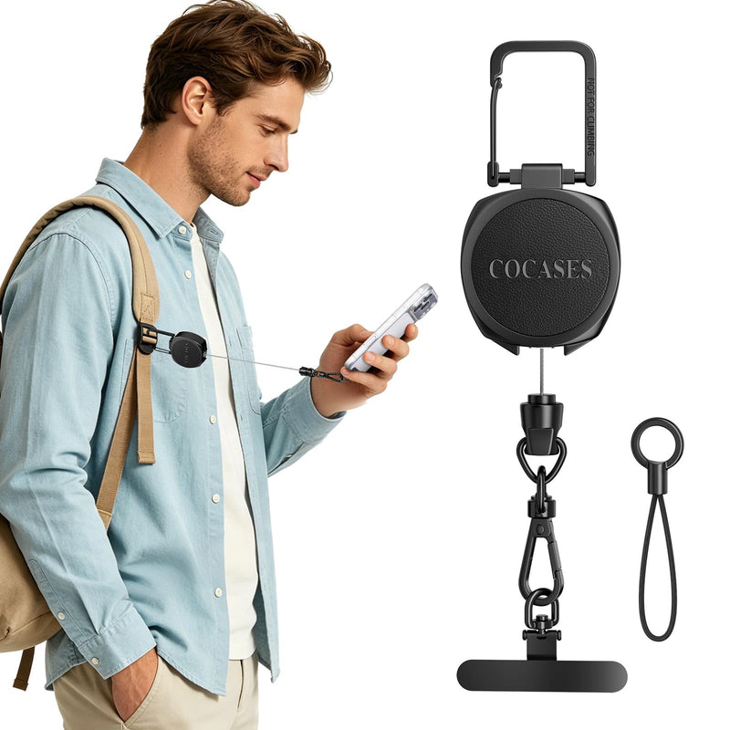 Anti-theft Phone Tether, Retractable Steel Line Phone Lanyard | Cell Phone Strap with Metal 360° Tether Tab and Carabiner for Outdoor Skiing Hiking Climbing Fishing Travelling, Black