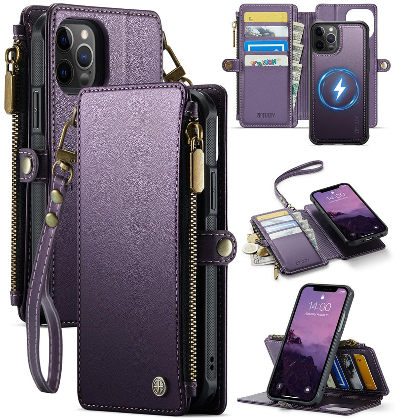 for iPhone 13 Pro Max - Phone Case Wallet Magnetic, Purple | Compatible with Magsafe, Detachable, RFID Blocking Card Holder, Zipper Pocket, Wrist Strap, for Women Men, Durable PU Leather Deep Purple