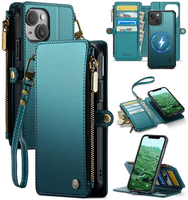 for iPhone 14 - Phone Case Wallet Magnetic Detachable, Turquoise | Compatible with Magsafe, RFID Blocking Card Holder, Zipper Pocket, Wristlet, Durable PU Leather, Magnet Flip, for Women Men