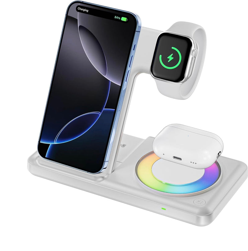Wireless Charging Station with RGB Light for iPhone 17 16 15 14 Pro Max 13 12, Travel 3 in 1 Wireless Charger Stand for Apple Multiple Devices, iWatch 11 10 9 8 7 6 5 4 3 2, Airpods 4 3 Pro White