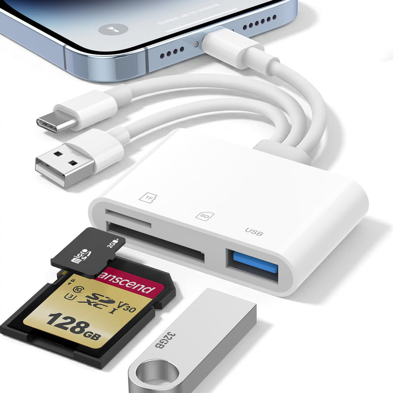 SD Card Reader for iPhone iPad Mac, USB-C & Lightning & USB-A 3-in-1 MicroSD/SD Adapter, High-Speed Plug & Play USB C Memory Card Reader for Digital Camera Trail Camera, USB-A Laptop Computer