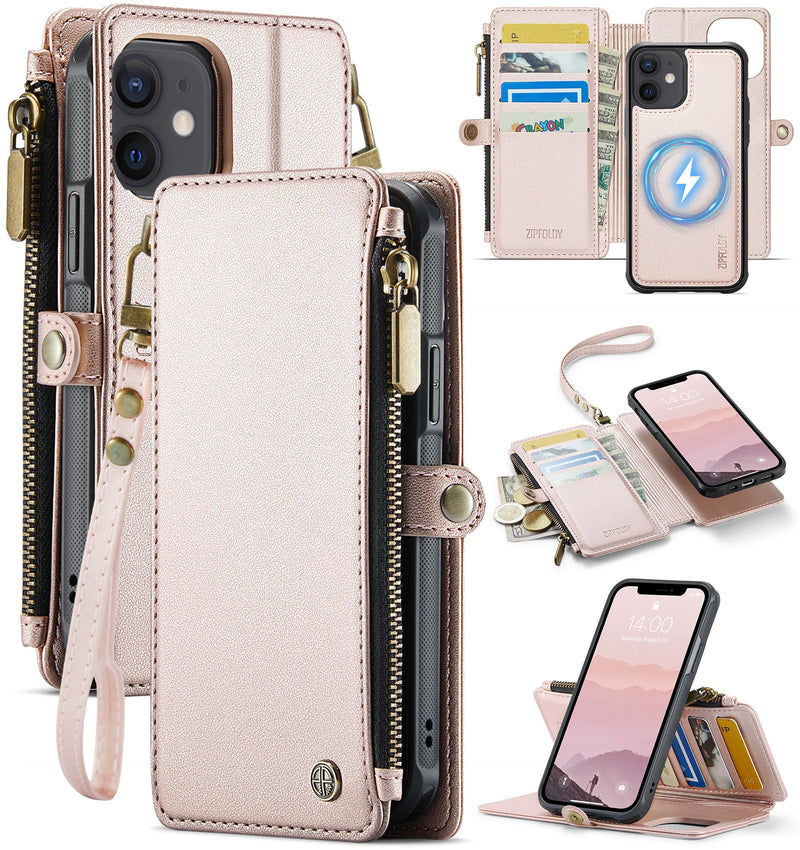 for iPhone 12/Pro - Phone Case Wallet Magnetic, Champagne Gold | Compatible with Magsafe, Detachable, RFID Blocking Card Holder, Zipper Pocket, Wrist Strap, for Women Men, Durable PU Leather iPhone 12 & 12 Pro