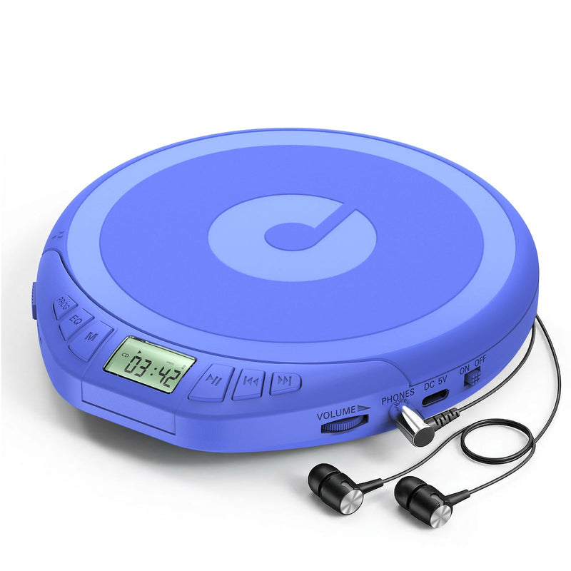 Portable CD Player with Earphones,Personal CD Discman Player | for Home Car with Anti-Skip Shockproof Protection, Small CD Player with LCD Display for Music Lovers Blue
