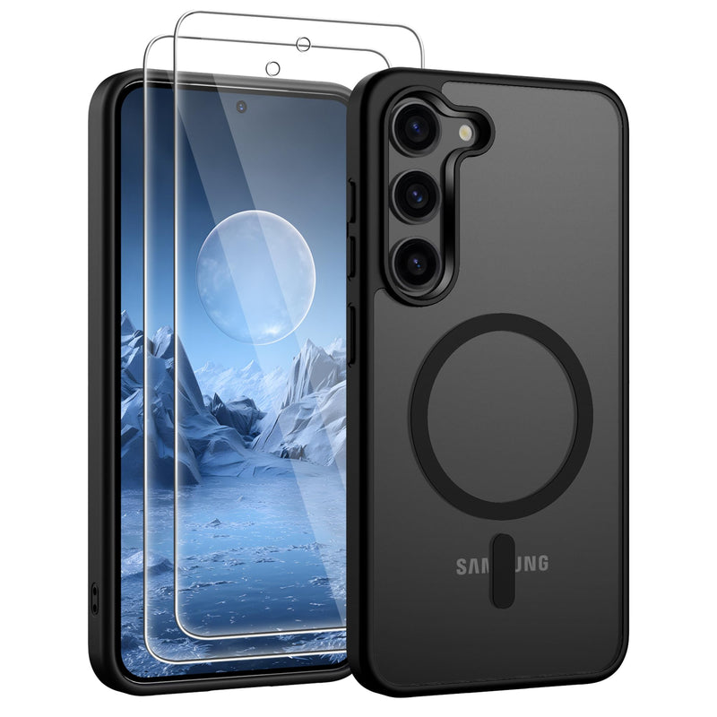 Gritup for Samsung Galaxy S23 Case with 2 PCS Screen Protector (Compatible with MagSafe)(Military Grade Protection) Slim Translucent Matte Shockproof & Anti-Fingerprint Phone Cover for S23,Black Black Galaxy S23(6.2 Inches)