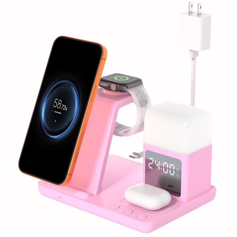 Wireless Charger for iPhone, 6in1 Fast Phone Charger Stand Dock Alarm Clock Night Light, Wireless Charging Station for Apple Watch, for Airpods 3/2/Pro, for iPhone 17/1615/14/13/12/11/Pro/Max (Pink) Pink