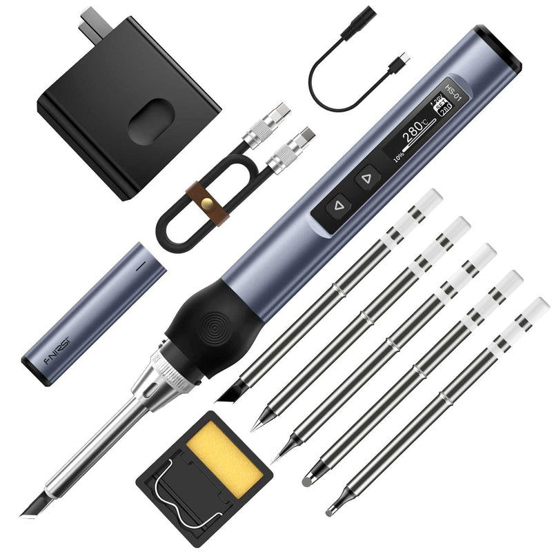 FNIRSI HS-01 Digital Soldering Iron Kit, DC/PD 96W/65W Fast Heating, 180-780℉ Adjustable Temperature, OLED Digital Display, Auto Sleep Function, 6 Soldering Tips, for Precision Electronics Repair