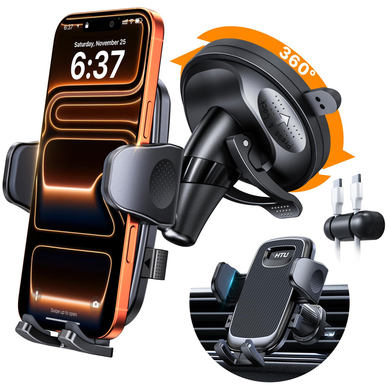 2026 Latest Upgrade Military-Grade Anti-Shake 90+LBS Car Phone Holder | Strong Suction 360° Rotating Short Fixed Arm Cellphone Mount Dash Windshield Vent Cradle for iPhone 17 16 Pro Max Deep Black