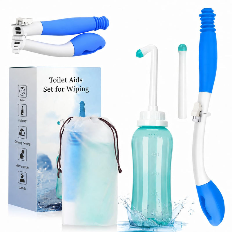 Foldable Toilet Aids Set for Wiping – 2PCS Personal Hygiene Kit with Collapsible Butt Wiper Tool & Dual-Nozzle Peri Bottle , Wiping Aid for Post-Surgery Recovery, Elderly and Travel Use (Blue, Ultra) Blue