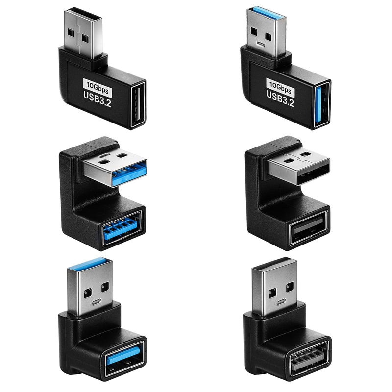 6 Pack USB Adapter, Left and Right Angle, 180 Degree / 90 Degree Vertical Up and Down USB A Male to Female Extender Connector for Laptop Car Charger Power Bank Flash Drive Devices
