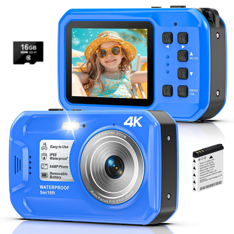 4K Underwater Camera, 64MP 16FT Waterproof Digital Camera with 16GB Card, Autofocus Floatable Waterproof Camera with IPS HD Screen, 16X Digital Zoom, Fill Light, for Snorkeling, Surfing, Swimming