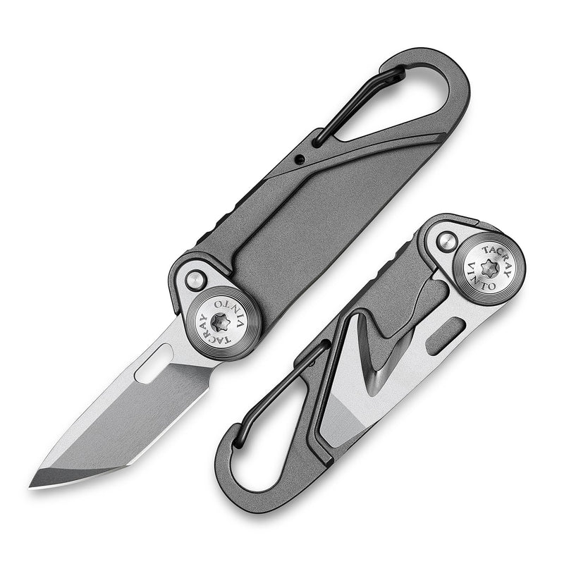 TACRAY Vinto 5-in-1 Titanium Small Pocket Knife – Ultra-Light Mini EDC Multitool Utility Knife with Folding Blade, Seatbelt Cutter, Bottle Opener & Screwdriver, Compact Everyday Carry Grey-Ti