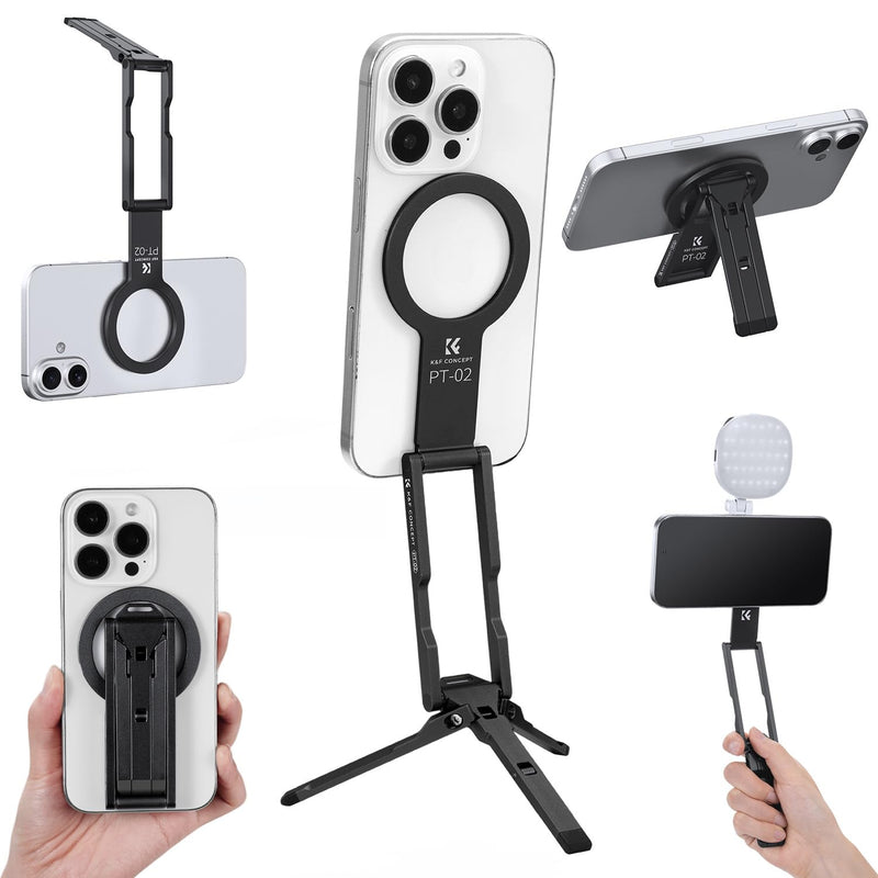 K&F CONCEPT 7mm 59g Magnetic Phone Stand | Foldable Selfie Stick for iPhone, Dual-Sided Magnets Mini Tripod Pocket with Hook, Compatible with iPhone 17-12 Series, PT02 Black