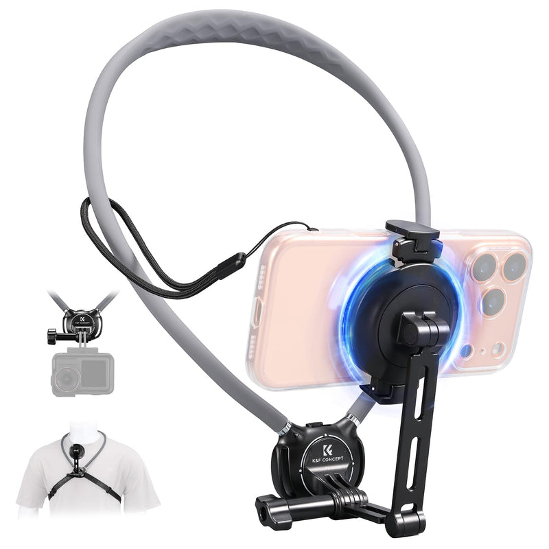 K&F CONCEPT 2-in-1 Magnetic & Clip-on Neck Phone Holder | POV Phone Holder, Hand Free Chest Stand Compatible with iPhone 17-12 Seires Android Phones, TW01 Gray