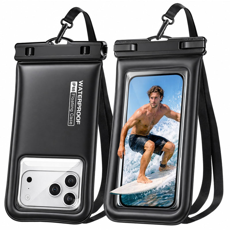 PEDVSTY Floating Waterproof Phone Pouch 2 Pack - Up to 7.0", Black | Touchscreen, IP68 Waterproof Phone Case w/Lanyard, Dry Bags for iPhone Sumsang Google, Beach Kayak Cruise Travel Essentials Regular (Up to 7.0")