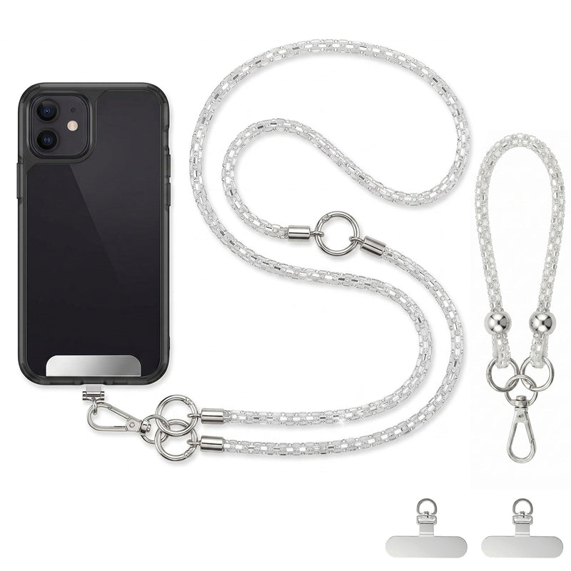 Crystal Phone Lanyard Crossbody and Wrist Strap Set, Rhinestone Women Anti-Lost Crossbody Phones Straps, Cell Phones Lanyards and Phone Charm for All iPhone/iPhone 17 Pro Max, Silver