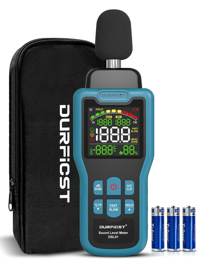 Decibel Meter, DURFICST Sound Level Meter 30-130dB, SPL Meter with Temperature & Humidity, A/C Weighted DB Meter with dB/SONE, Fast/Slow, MAX/MIN, for Home, Office, Factory, Neighbor Noise