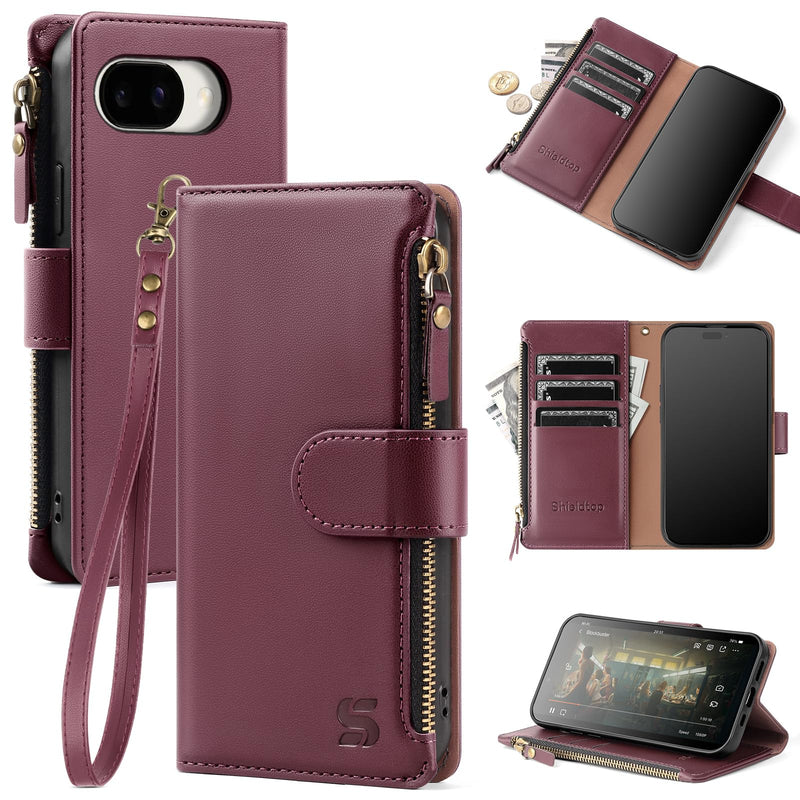 Shieldtop Compatible with Google Pixel 10a Wallet Case with Card Holder,Women Men RFID Blocking PU Leather Phone Case Flip Protective Cover Wrist Strap Zipper Credit Card Slots,Wine Red Pixel 10a - 6.3" Wine Red
