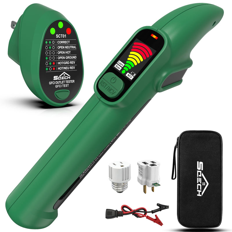 SQECH Circuit Breaker Finder Tool Kit GFCI Outlet Tester NCV Detector for 90-135V AC Electrical Circuit Tracer with Light Socket & 3-2 Prong Grounding & Clip Adapter Storage Bag Batteries SCT01KIT