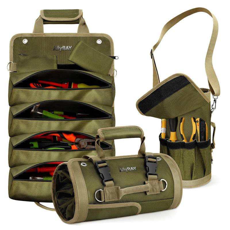 Tool Roll Up Bag Organizer, Heavy Duty Waterproof Tool Roll Bag with Detachable Pouches, Portable Tool Organizer for Mechanic, Electrician, Car Truck Motorcycle Tool Storage, Green