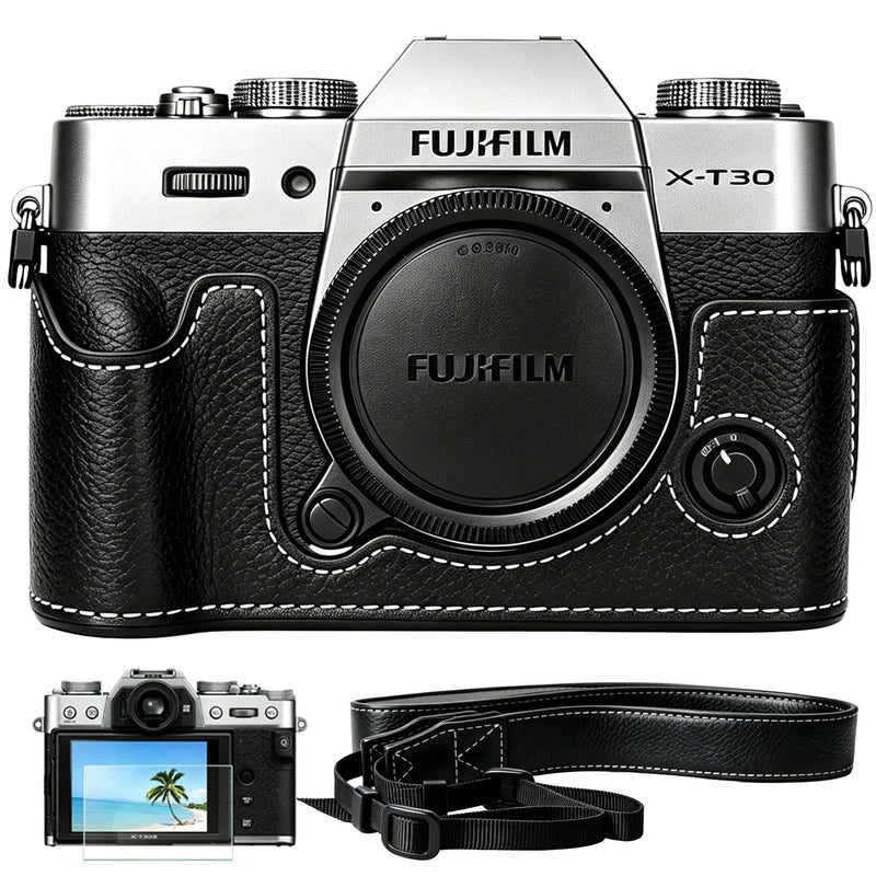 Carrying Case for FUJIFILM X-T30 III/X-T30 II/X-T30 Mirrorless Camera | Fujifilm X-T30 III/ X-T30 II Camera Half Leather Bag, Retro Style Camera Case (with Shoulder Strap, Screen Protector), Black