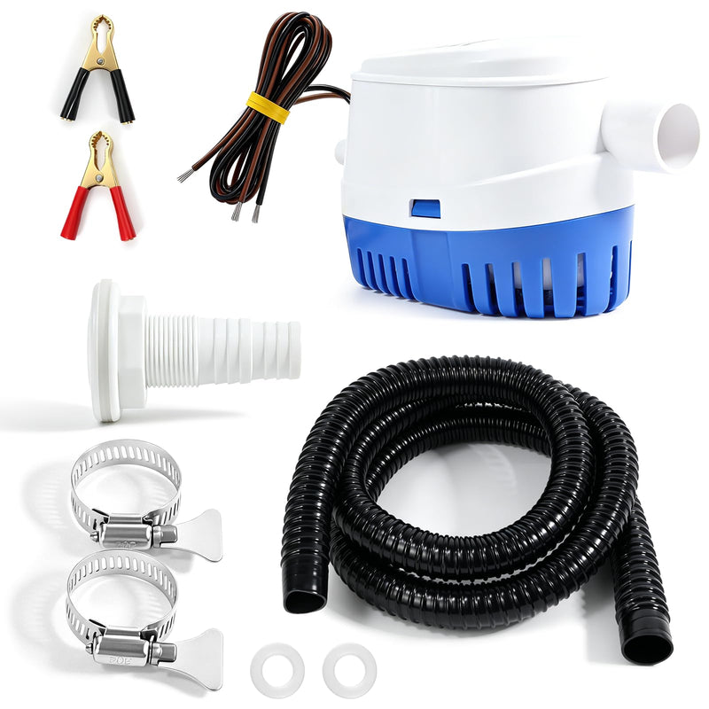 12V 1200GPH Automatic Marine Bilge Pump Kit, 1-1/8 Inch Submersible Drain Set with 6.3FT Hose, Pure Copper Clamps, Stainless Steel Hose Clamps, Thru-Hull Fitting & Seal Rings, Fits Yachts, Boats & RVs