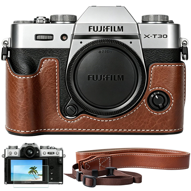 Carrying Case for FUJIFILM X-T30 III/X-T30 II/X-T30 Mirrorless Camera | Fujifilm X-T30 III/ X-T30 II Camera Half Leather Bag, Retro Style Camera Case (with Shoulder Strap, Screen Protector), Brown