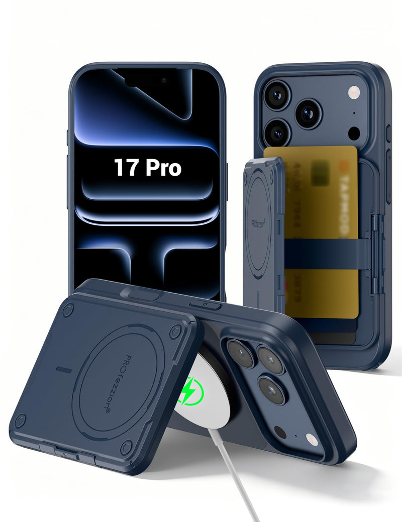 PROfezzion for iPhone 17 Pro Case Wallet 3-Card Holder with MagSafe, Blue | Accepts Wireless Charging, RFID Blocking, Secure Locking Latch, Kickstand, Fits MagSafe Mount Stand Grip, Drop Protection