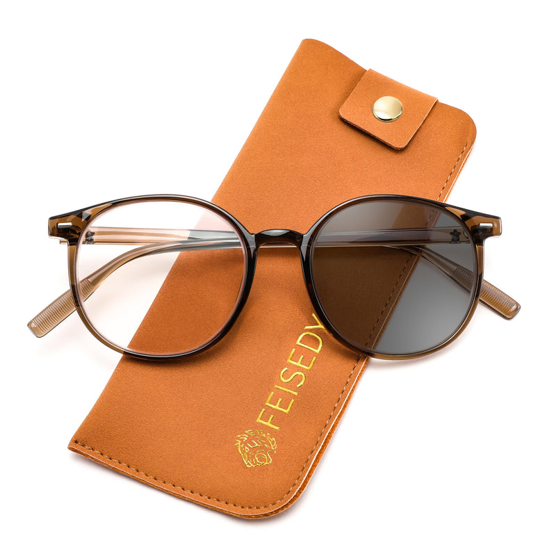 FEISEDY Photochromic Blue Light Blocking Glasses Fashion Women Men B1238 | Clear Indoors & Tinted Outdoors, Dual-purpose Transition Glasses Round Clear Vision Computer Eyeglasses UV400 Sunglasses Transparent Brown/Photochromic Grey 51 Millimeters