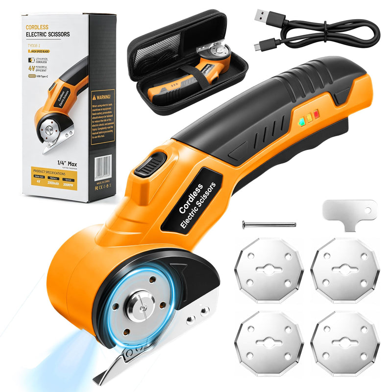 Electric Scissors with 5 Blades & Storage Bag – Cordless Rechargeable 4V Box Cutter, 2000mAh Battery, LED Light & Safety Lock, Heavy-Duty Cutting for Cardboard, Leather, Cloth, Carpet & Plastic Orange