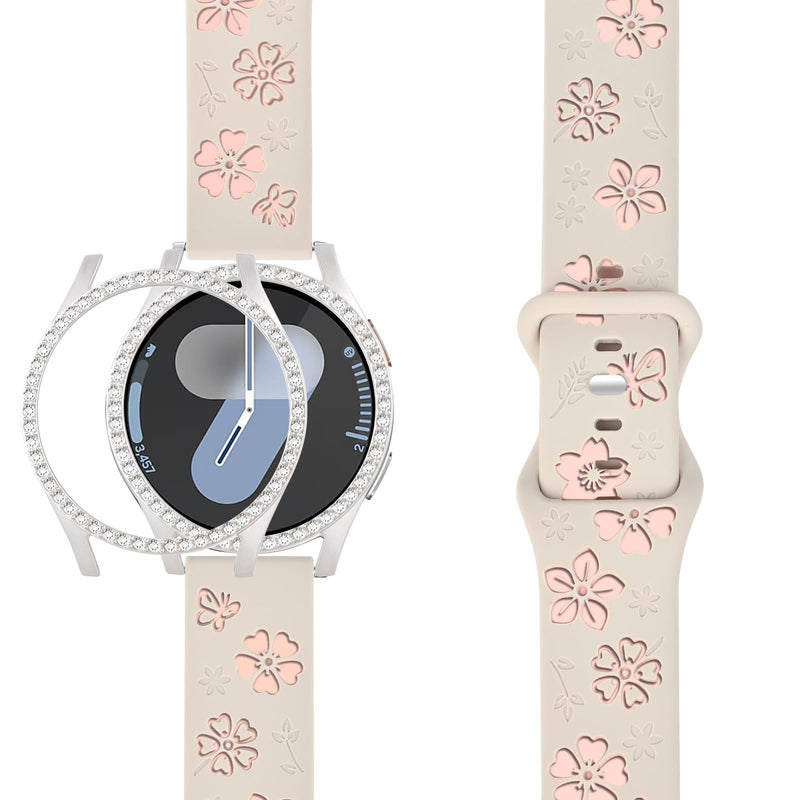 2-in-1Floral Engraved Band Rhinestone Bezel Case for Samsung Galaxy Watch 7 | Flower Soft Silicone Watch Strap Sparkly Diamond Bumper PC Protective Cover for Women Waterproof Sport Replacement Wristband Starlight Case + Starlight&Pink Band