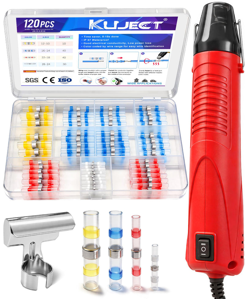 Kuject Mini Heat Gun, 120PCS Solder Seal Wire Connectors Kit, 350W Dual-Temp Heat Gun for Shrink Tubing, Waterproof Heat Shrink Wire Repair Kit with Solder Stick for Marine Automotive Truck, AWG 26-10 120pcs Base Kit (with Heat Gun)